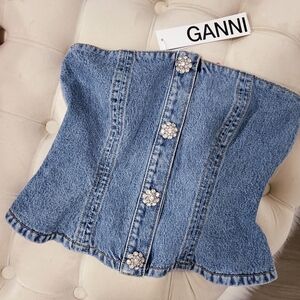 Ganni Rhinestone Embellished Blue Denim Bustier